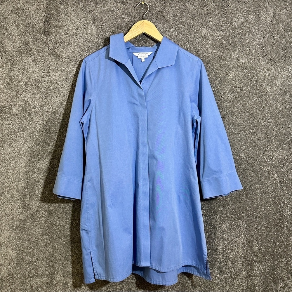 Foxcroft Heritage Non-Iron Tunic Shirt Dress Blue 100% Cotton Classic Size 14